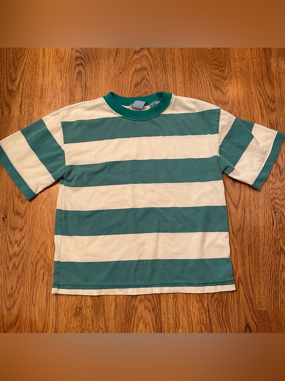 Vintage 90s Body Rags Boys Teal and White Wide Striped Tee Shirt